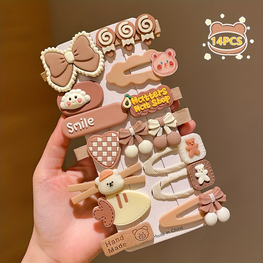 Preppy Cartoon Hair Clips – Colorful Kids' Side Clip Set (14pcs)