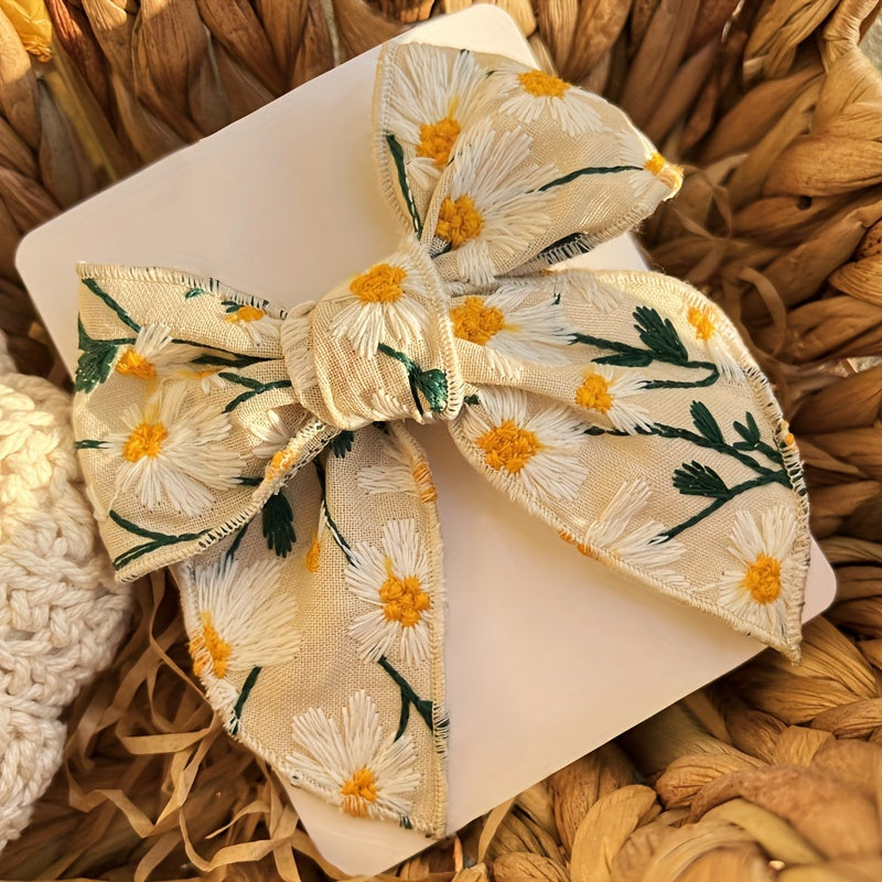 Floral Embroidered Daisy & Eucalyptus Large Bow Hair Clip