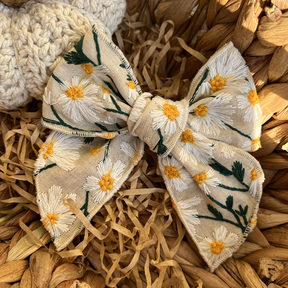 Floral Embroidered Daisy & Eucalyptus Large Bow Hair Clip