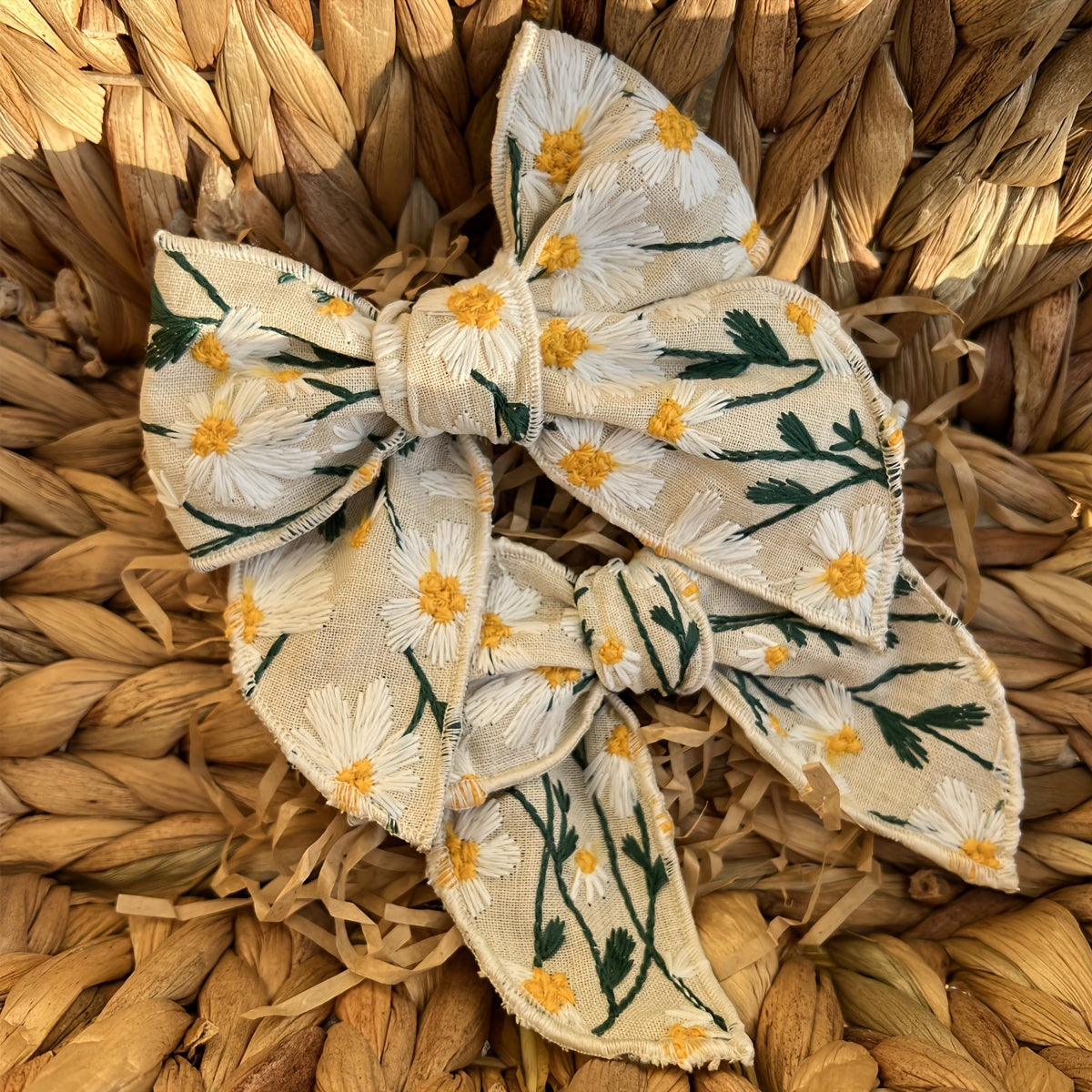 Floral Embroidered Daisy & Eucalyptus Large Bow Hair Clip
