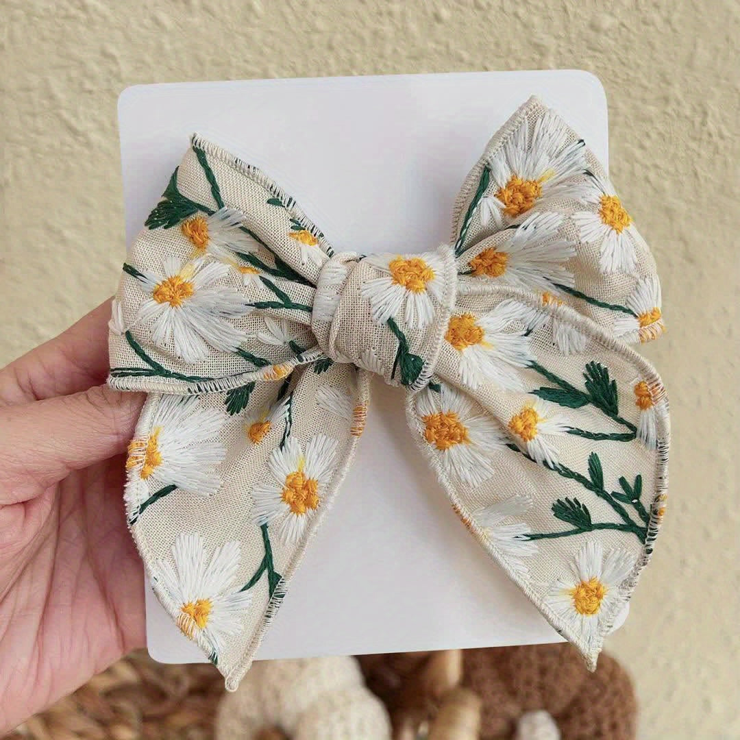 Floral Embroidered Daisy & Eucalyptus Large Bow Hair Clip