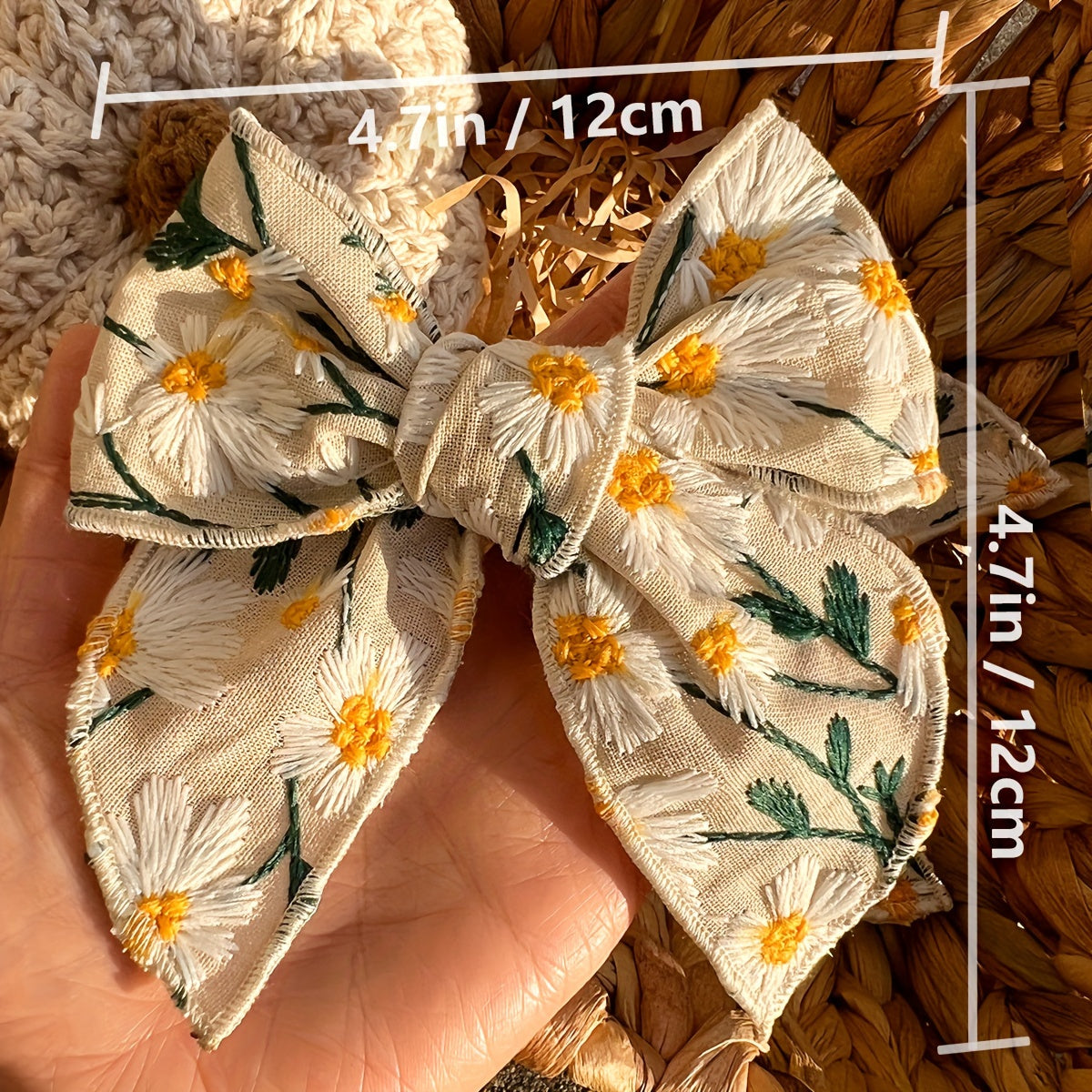 Floral Embroidered Daisy & Eucalyptus Large Bow Hair Clip