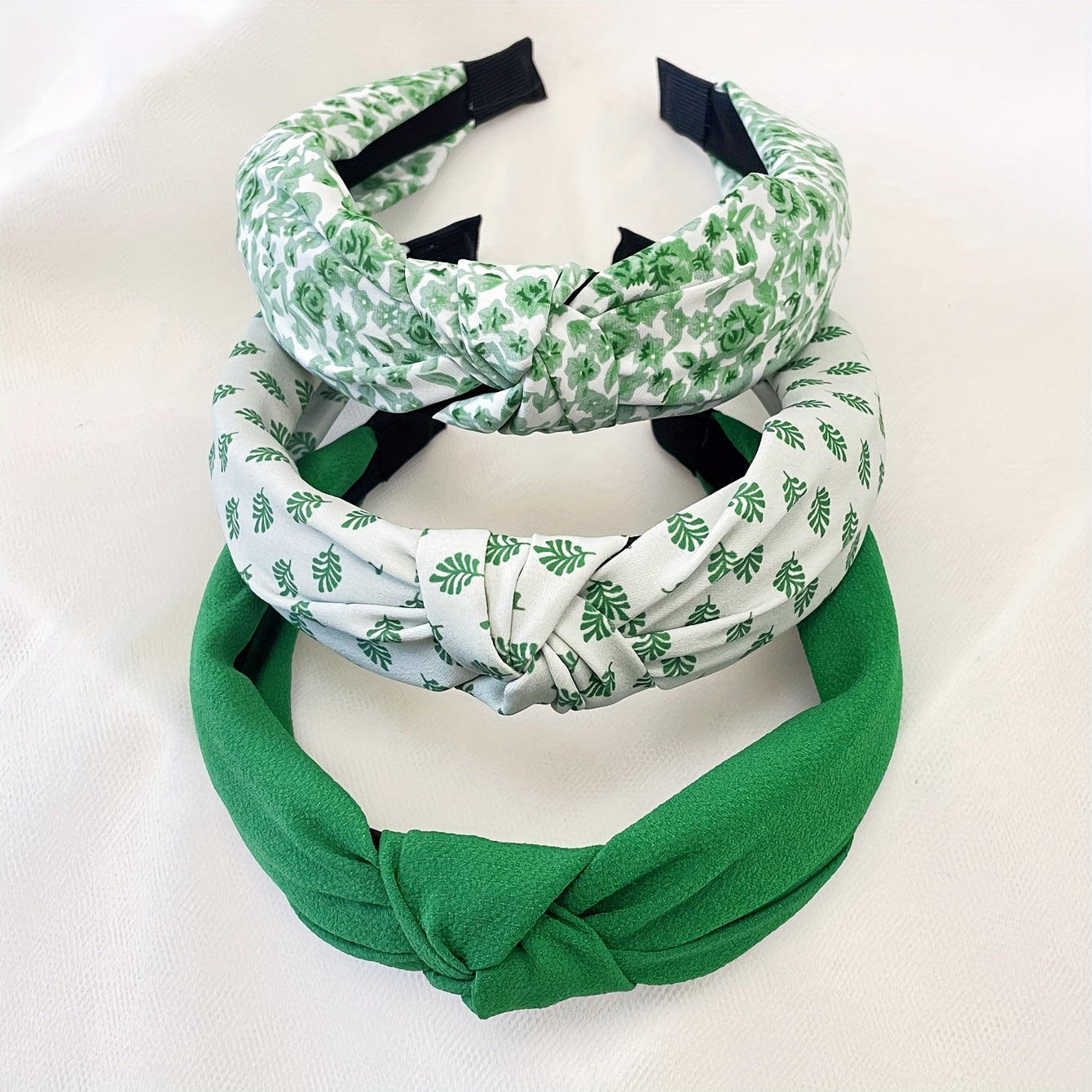 Summery Green Floral Solid Fabric Wide Headbands