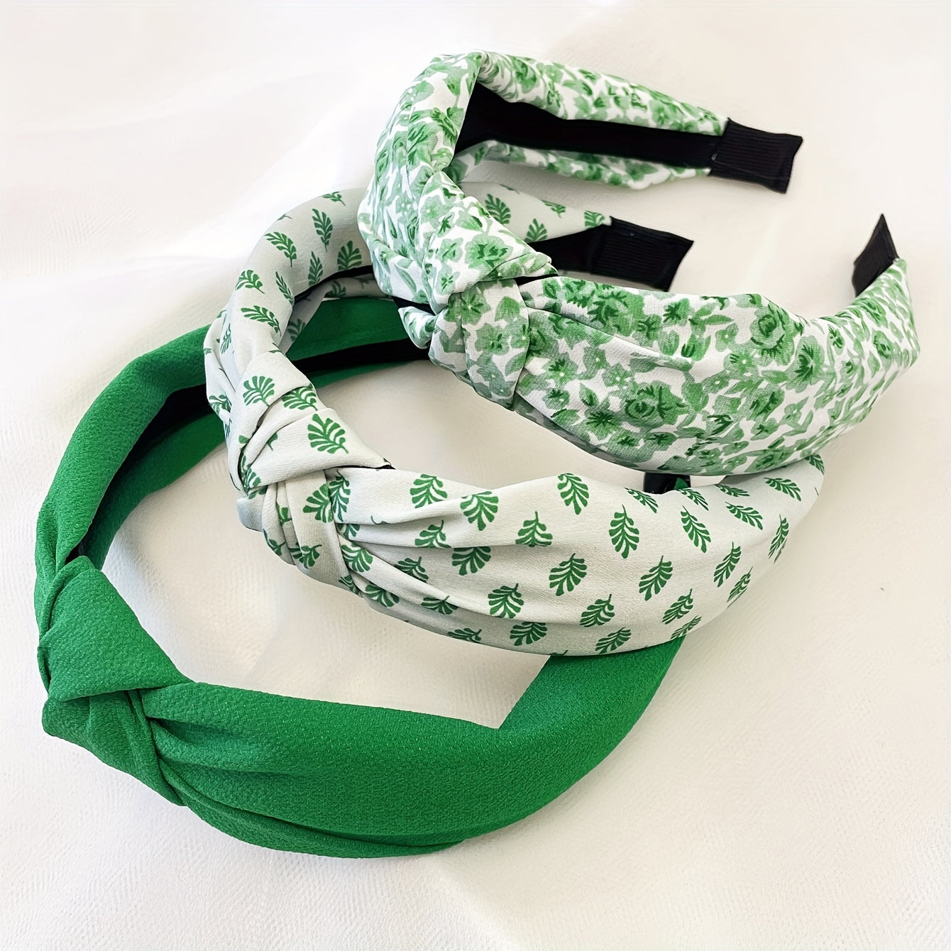 Summery Green Floral Solid Fabric Wide Headbands