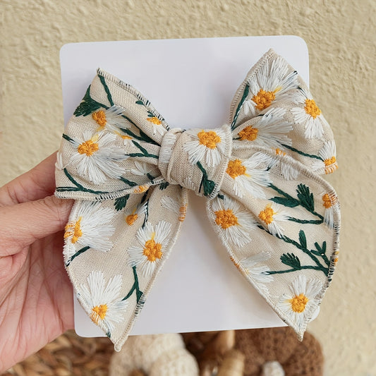 Floral Embroidered Daisy & Eucalyptus Large Bow Hair Clip