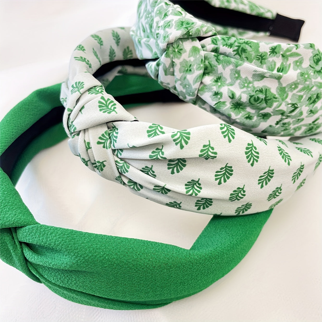 Summery Green Floral Solid Fabric Wide Headbands